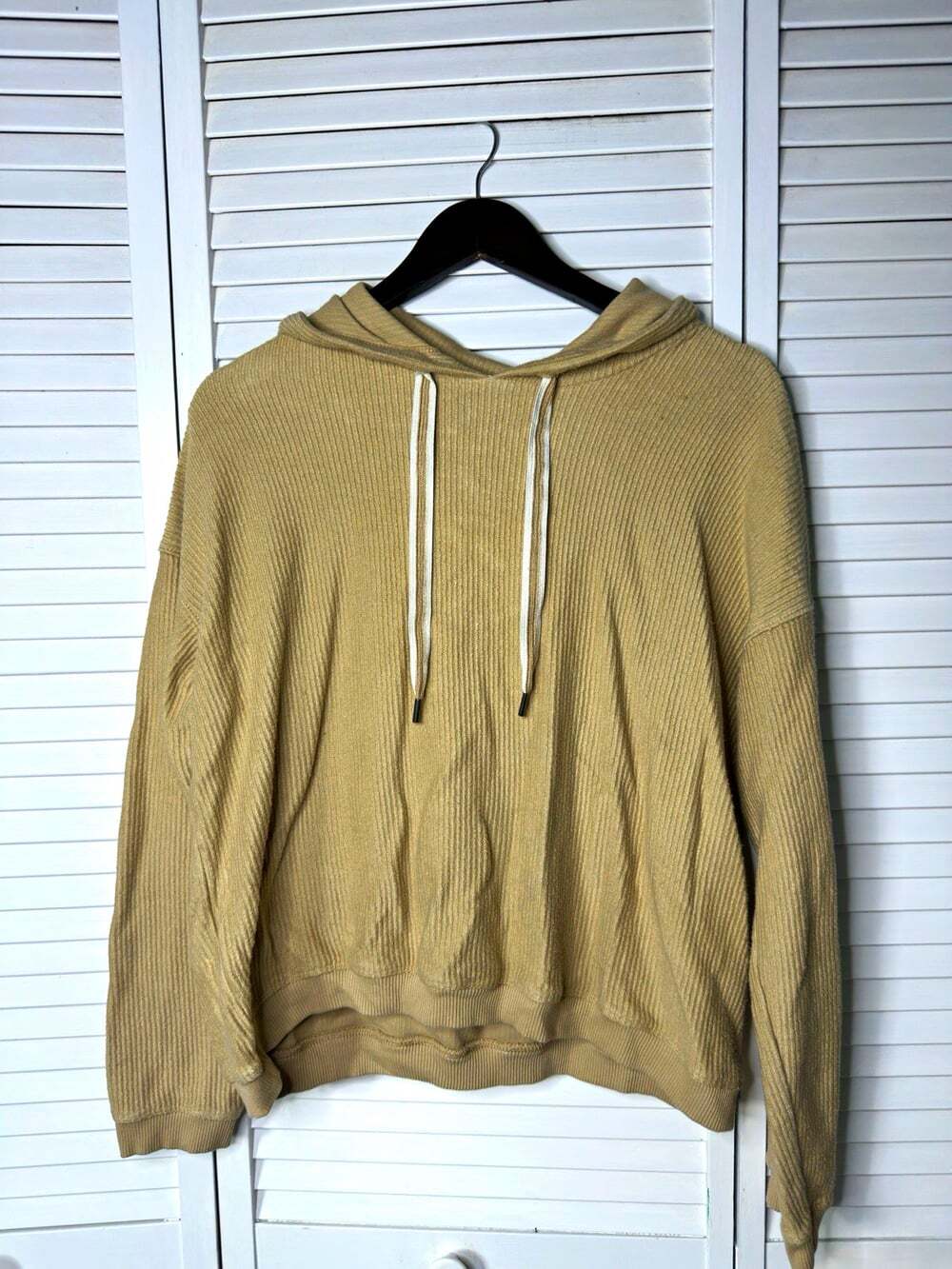 Aerie Ribbed Cropped Drawstring Hoodie Sweatshirt Beige Tan Women’s M